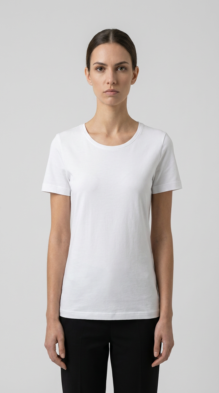 Kvinde iført en hvid t-shirt og sorte bukser mod en grå baggrund.