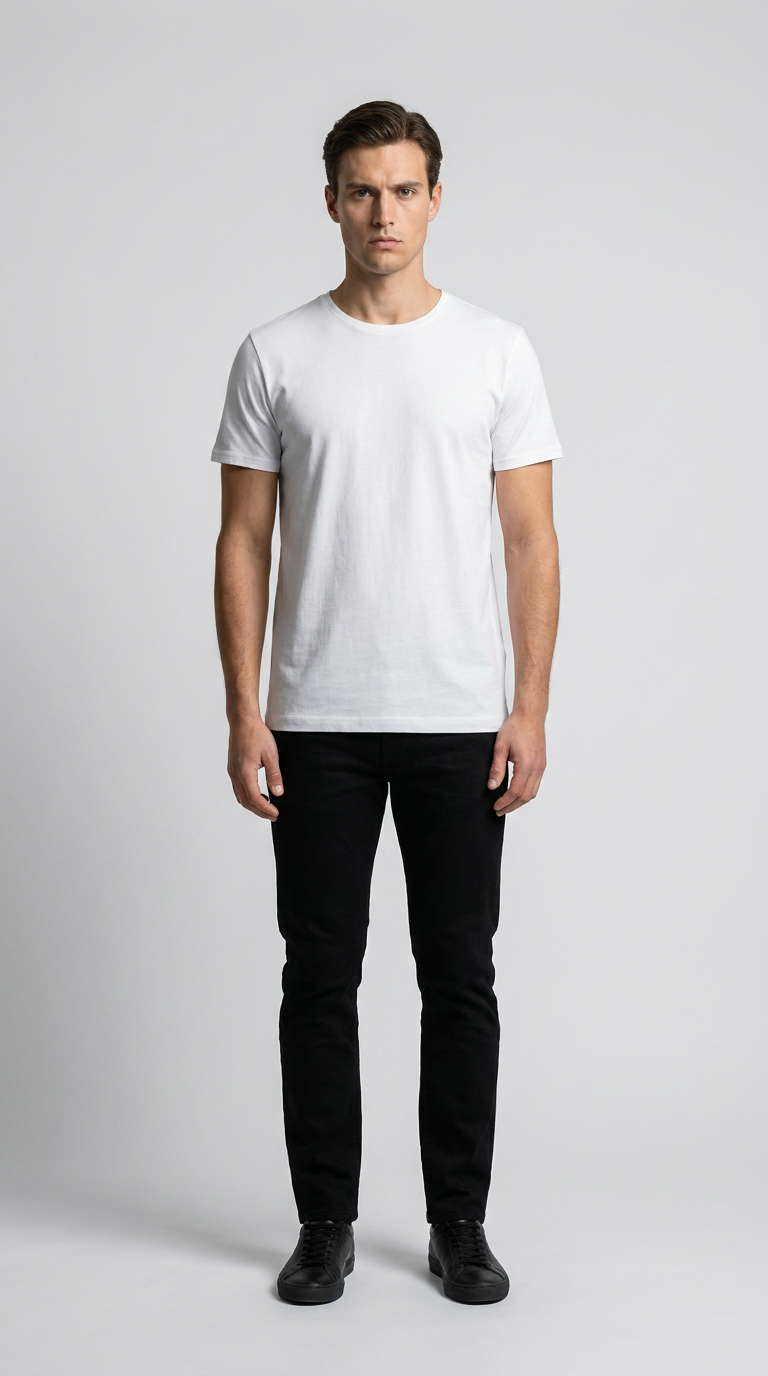 Mand i hvid t-shirt og sorte bukser stående mod en lys baggrund.