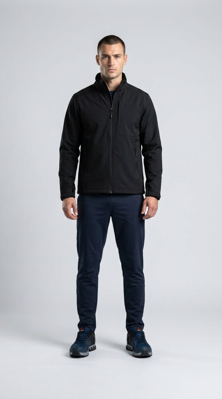 Mand i sort softshell-jakke, mørkeblå bukser og sportssko mod en grå baggrund.