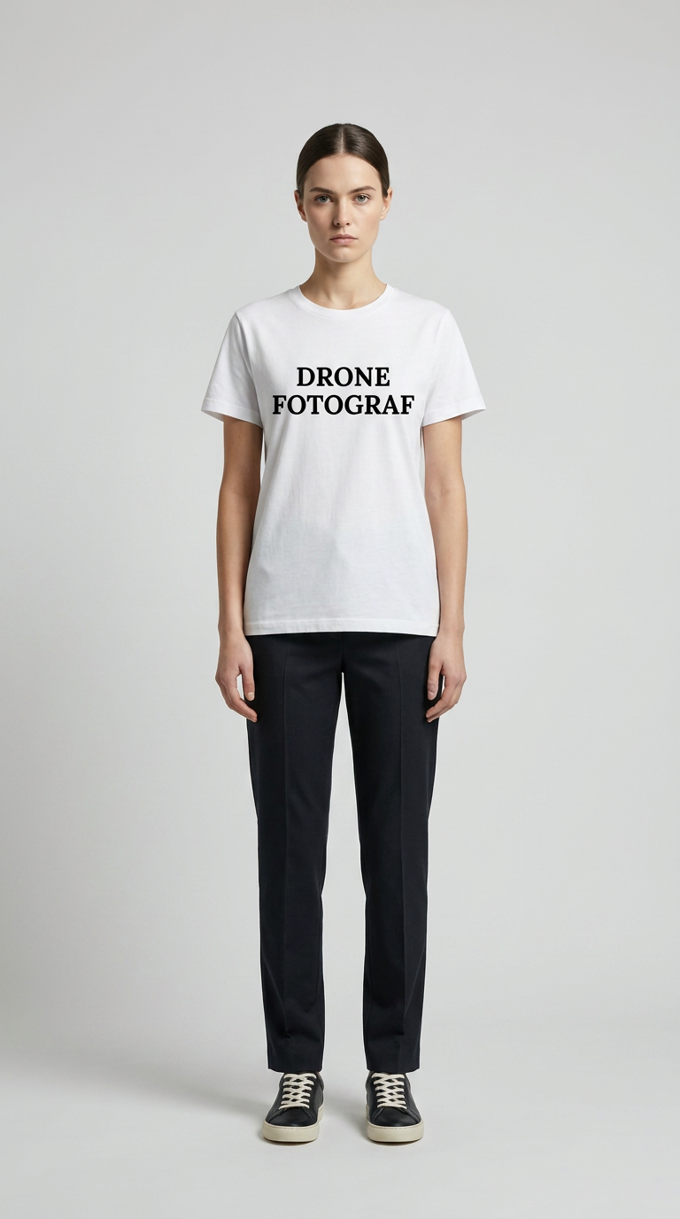 Kvinde i hvid t-shirt med teksten "DRONE FOTOGRAF" og sorte bukser mod en grå baggrund.