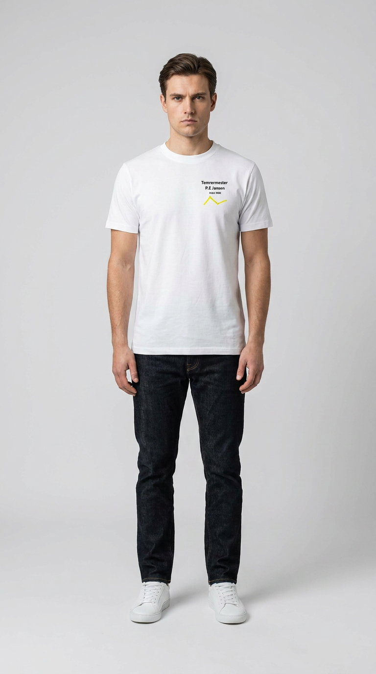 Mand i hvid t-shirt med logo for Tømrermester P.E Jansen, mørke jeans og hvide sneakers.