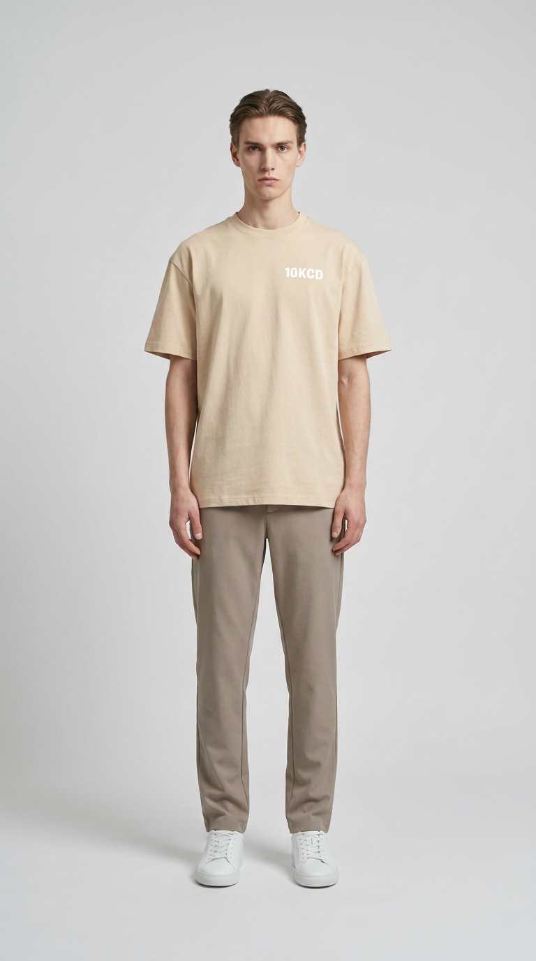 Mand i beige t-shirt med '10KCD' tekst, brune bukser og hvide sneakers mod en grå baggrund.
