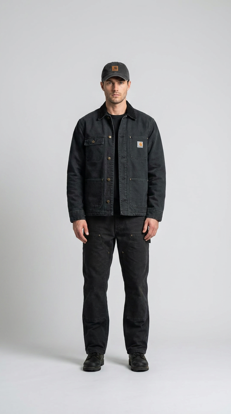 Mand iført sort Carhartt-jakke, bukser og kasket mod en neutral grå baggrund.