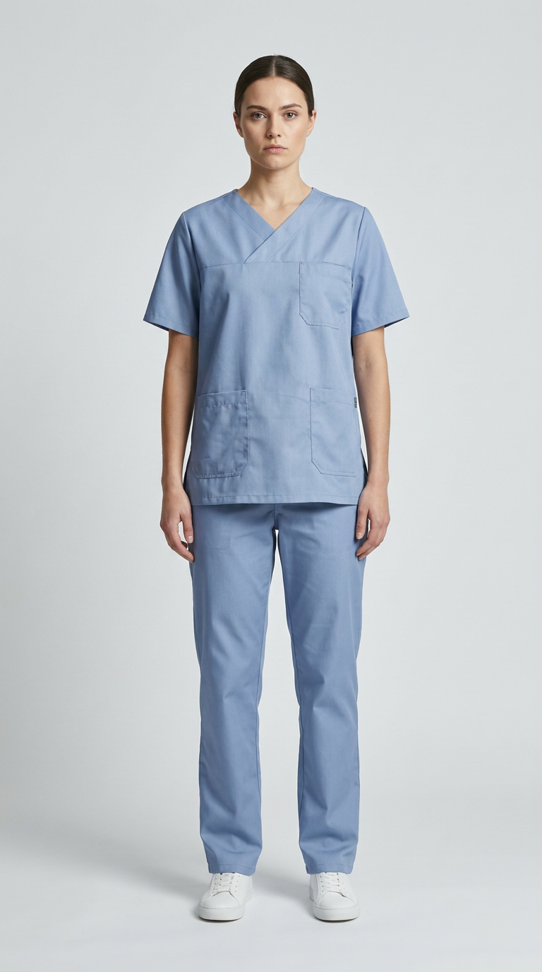 Kvinde i lyseblå scrubs og hvide sneakers stående mod en lys grå baggrund.