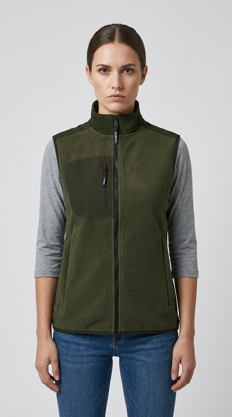 Kvinde iført en mørkegrøn fleecevest over en grå trøje og blå jeans mod en grå baggrund.