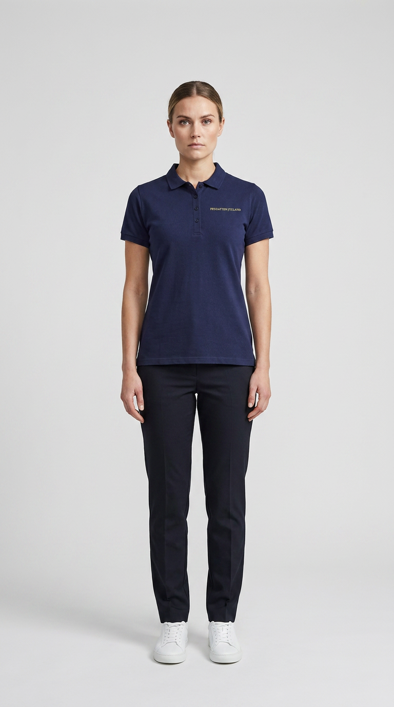 Kvinde i mørkeblå polo shirt, mørke bukser og hvide sneakers mod en grå baggrund.