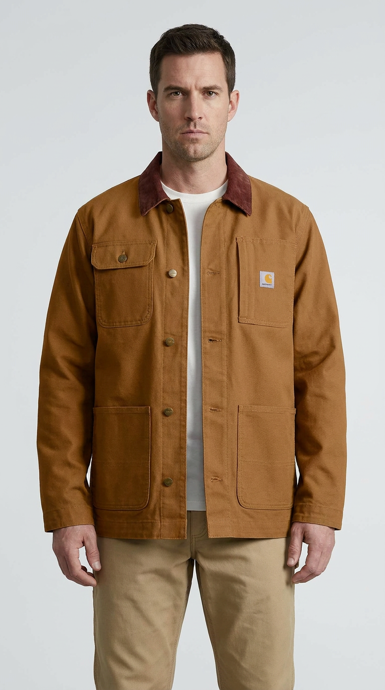 Mand i en brun Carhartt-lærredsjakke med fløjlskrave mod en hvid baggrund.