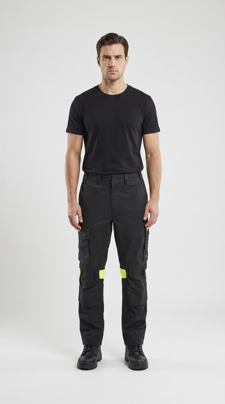 Mand i sort t-shirt og sorte arbejdsbukser med neongule reflekser på hvid baggrund.