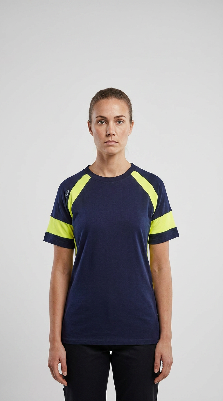Kvinde i mørkeblå t-shirt med neon-gule detaljer på skuldre og ærmer.