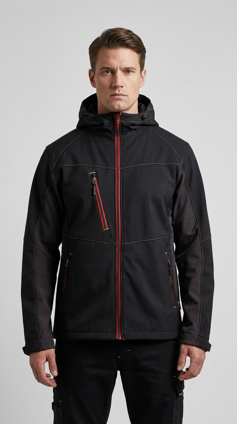 Mand i sort softshell-jakke med røde lynlåse og limegrønne syninger på en grå baggrund.