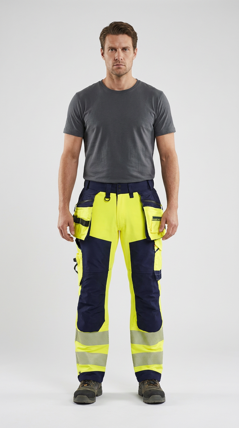 Mand i grå t-shirt og neon-gule og mørkeblå arbejdsbukser med reflekser på en lys baggrund.