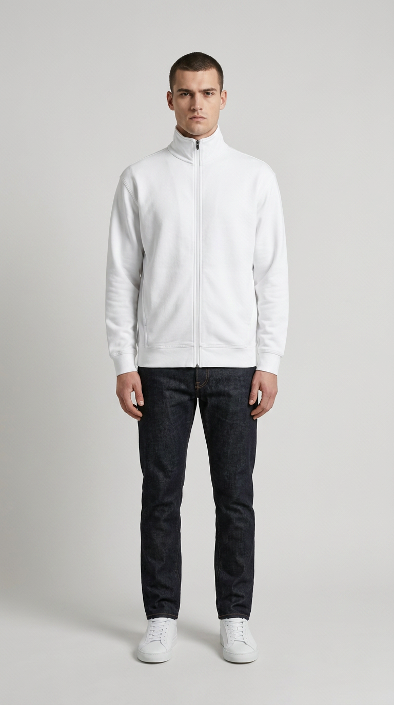 Mand i en hvid sweatshirt med lynlås, mørkeblå jeans og hvide sneakers mod en grå baggrund.