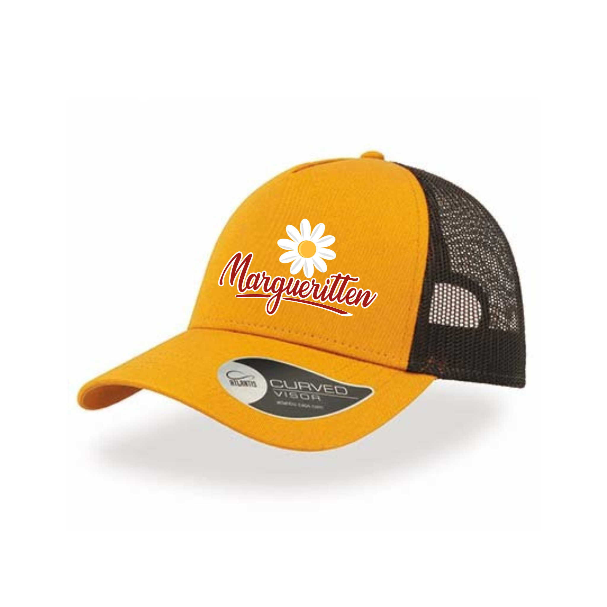 Marguerittens Atlantis AT511 Cotton Cap, Mustard/Black med tryk eller logo – arbejdstøj og firmatøj