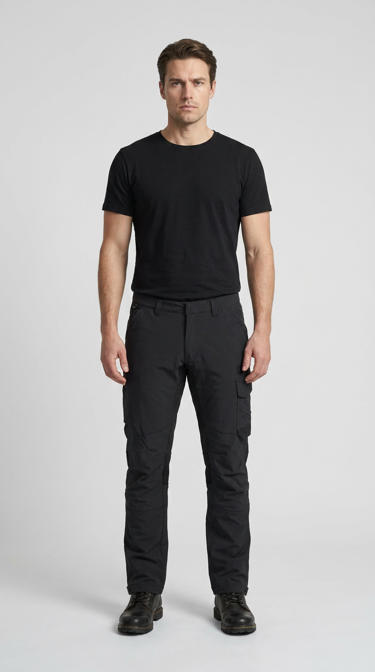 Mand i sort t-shirt og sorte arbejdsbukser stående mod en lys grå baggrund.