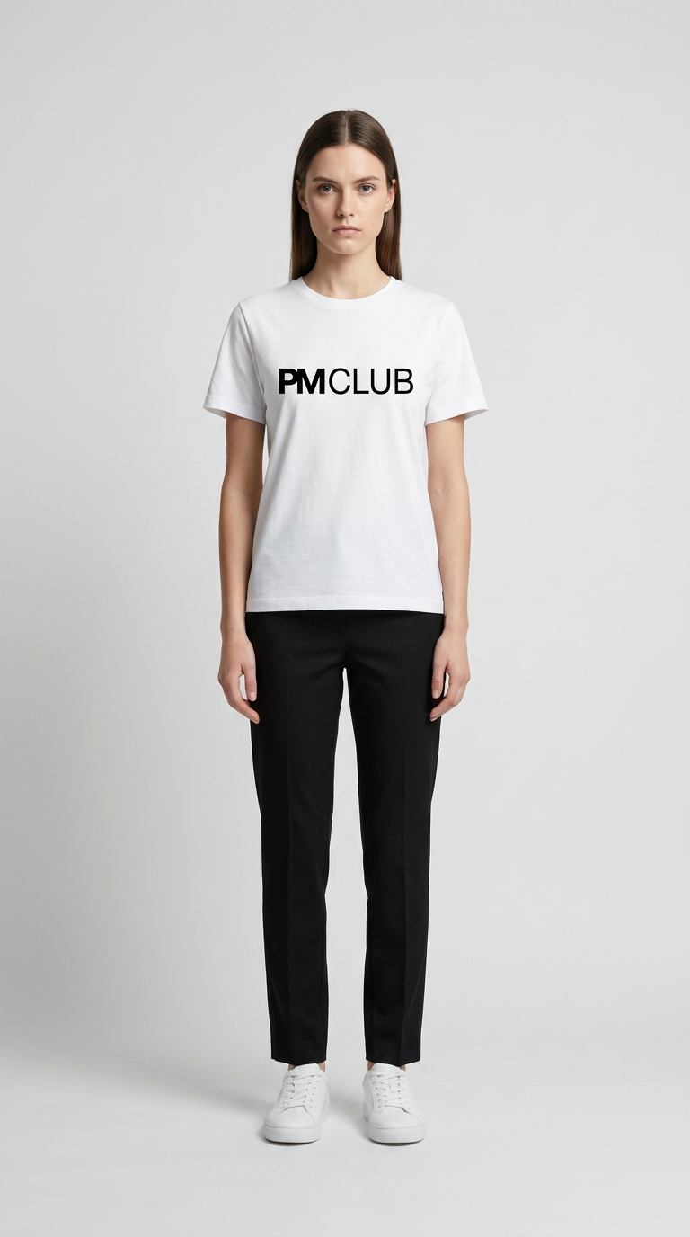 Kvinde i hvid PM CLUB t-shirt, sorte bukser og hvide sneakers mod en grå baggrund.