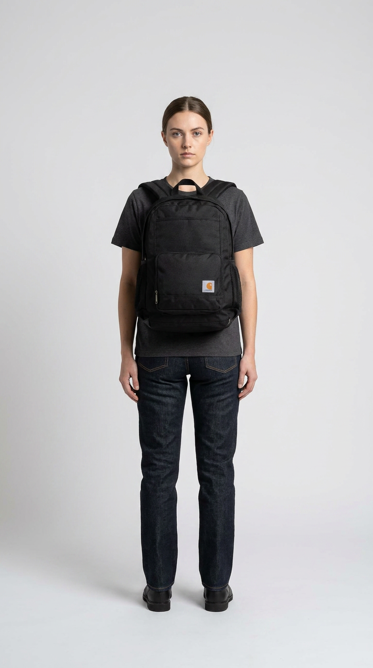 En kvinde iført en sort Carhartt-rygsæk, mørk t-shirt og jeans mod en hvid baggrund.