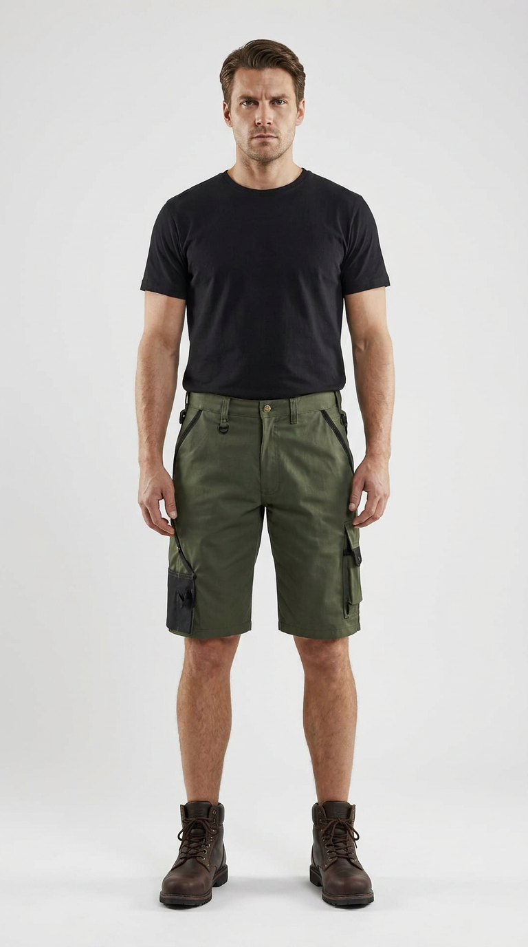 Mand i sort t-shirt, olivengrønne arbejdsshorts og brune støvler på hvid baggrund.