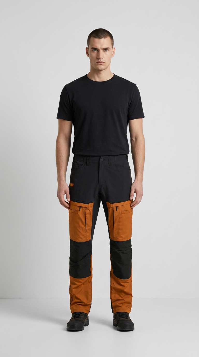 Mand iført sort t-shirt og sort-orange arbejdsbukser med lommer mod en grå baggrund.