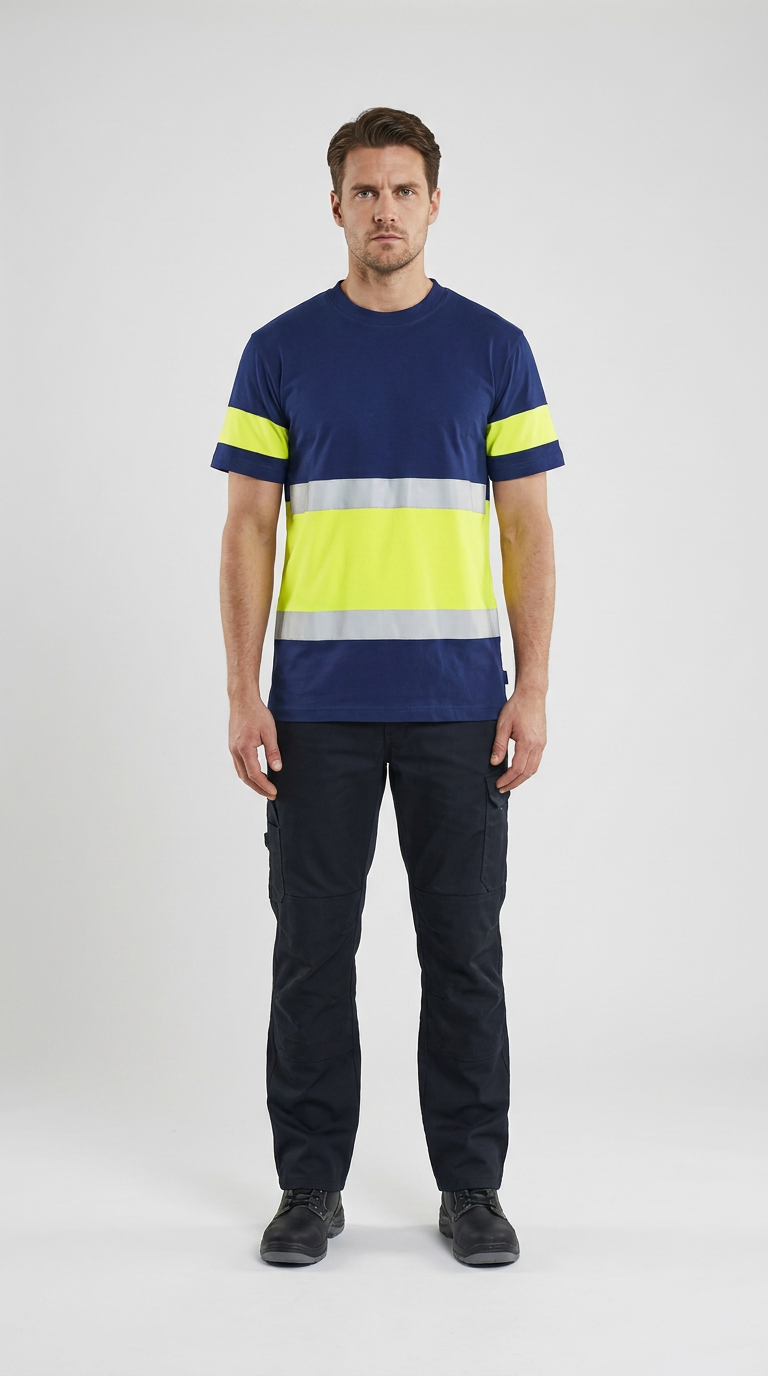 Mand i mørkeblå arbejds-t-shirt med refleksstriber og gule bånd, mørkeblå arbejdsbukser og sorte støvler.