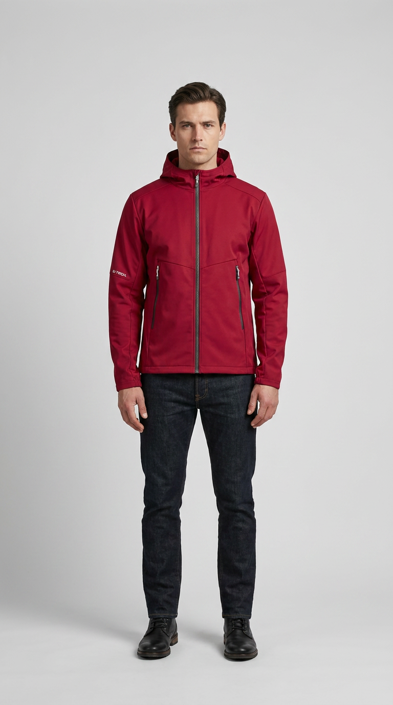 Mand i rød softshell-jakke med hætte og mørke jeans mod en grå baggrund.
