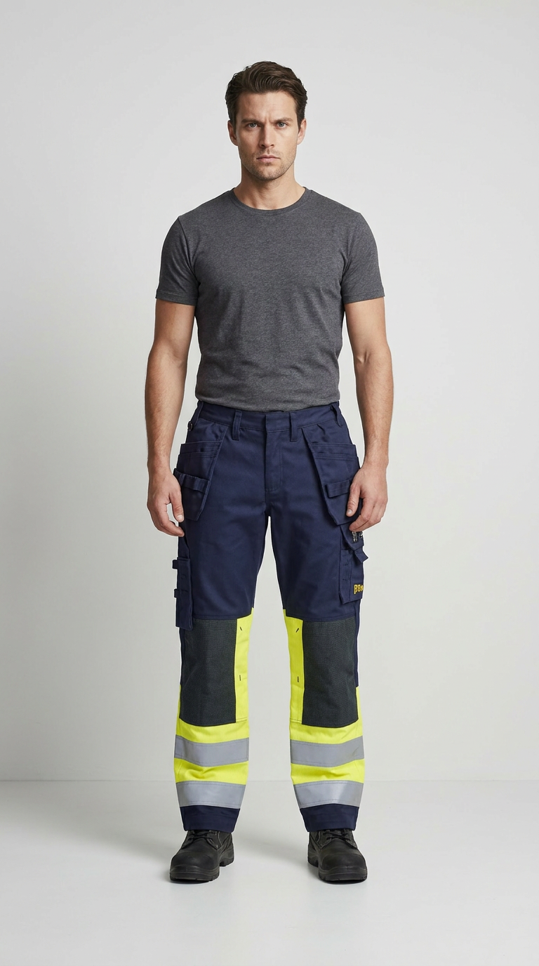 Mand i grå t-shirt og mørkeblå arbejdsbukser med gule high-vis detaljer og reflekser.