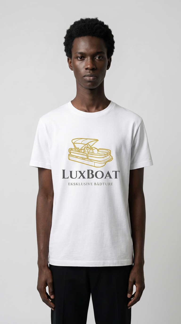 En mand i en hvid t-shirt med et gyldent bådlogo og teksten "LUXBOAT EKSKLUSIVE BÅDTURE" på en grå baggrund.