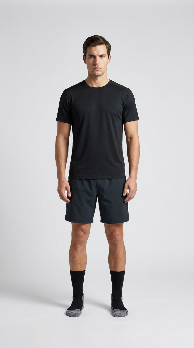 Mand i sort t-shirt, mørke shorts og sorte strømper mod en lys grå baggrund.