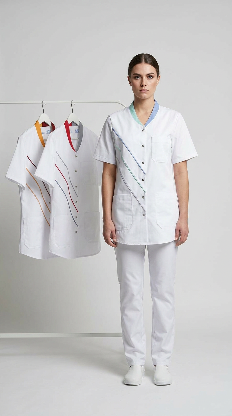 Kvinde i hvid uniform med diagonale farvestriber ved siden af et stativ med lignende kitler.