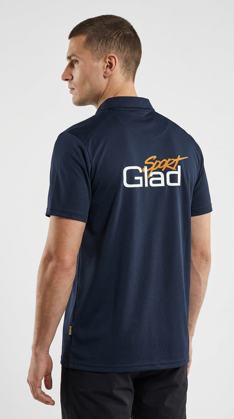 Mand i mørkeblå polo-shirt med Sport Glad-logo på ryggen mod en hvid baggrund.