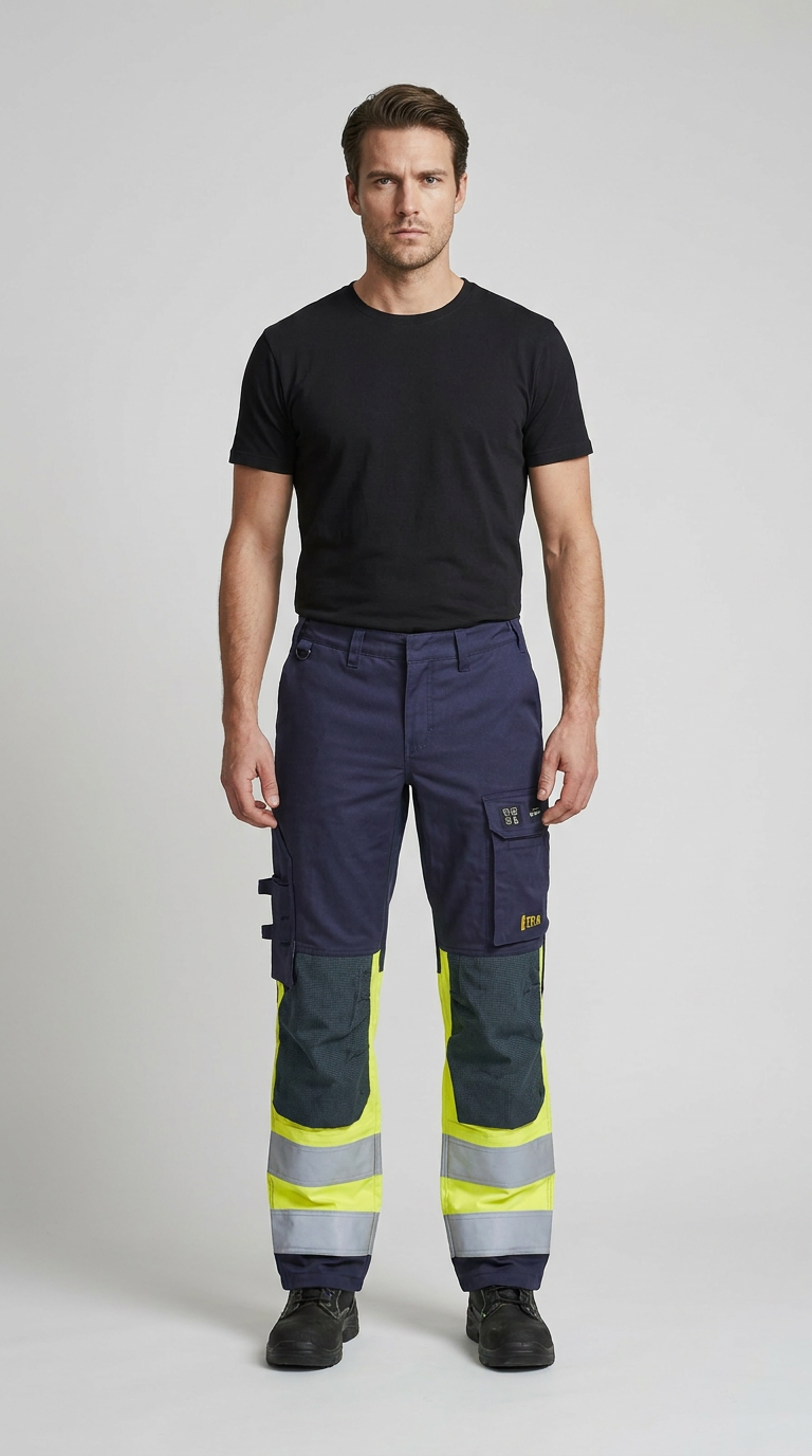 Mand i sort t-shirt og mørkeblå arbejdsbukser med neongule og reflekterende detaljer.