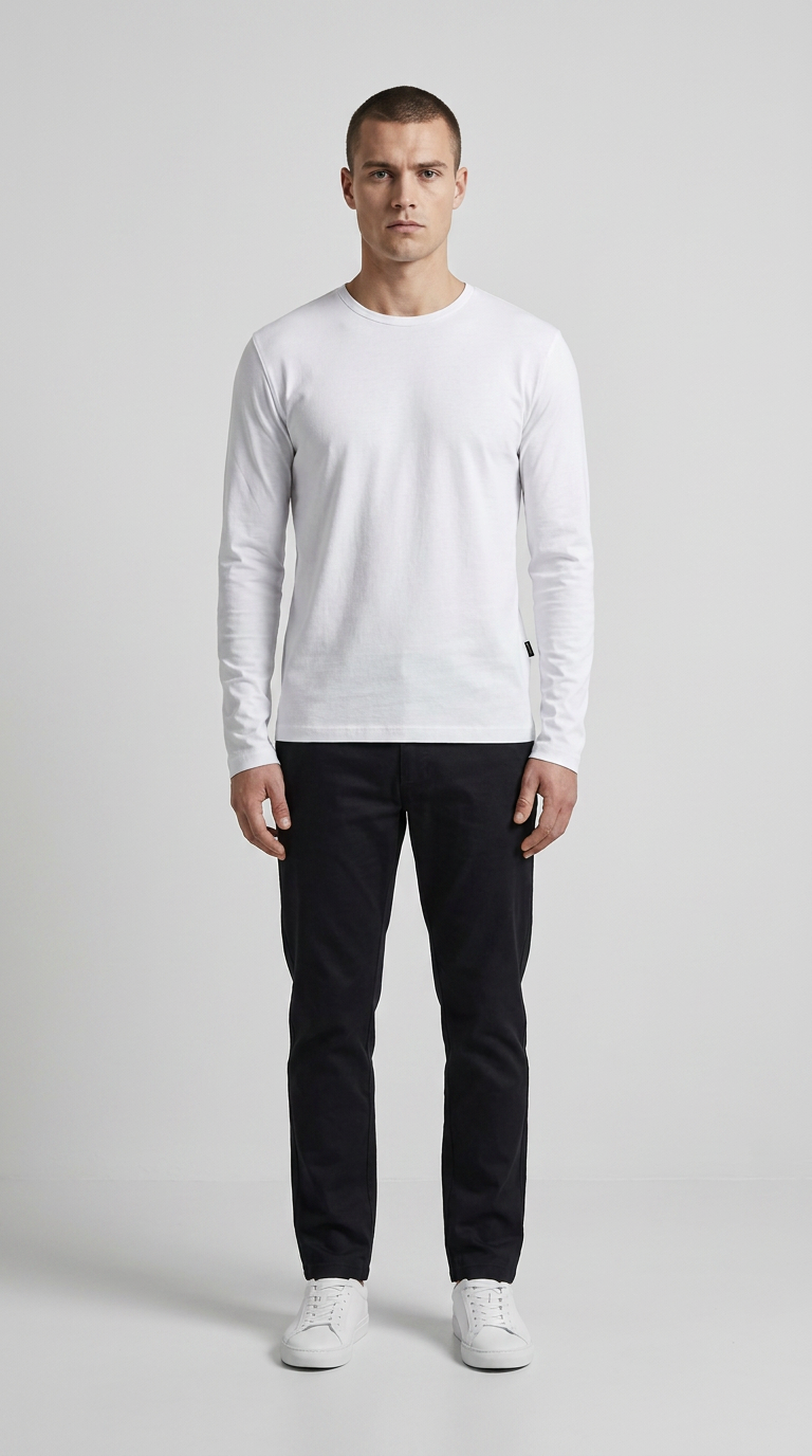 Mand i hvid langærmet t-shirt, sorte bukser og hvide sneakers mod en grå baggrund.