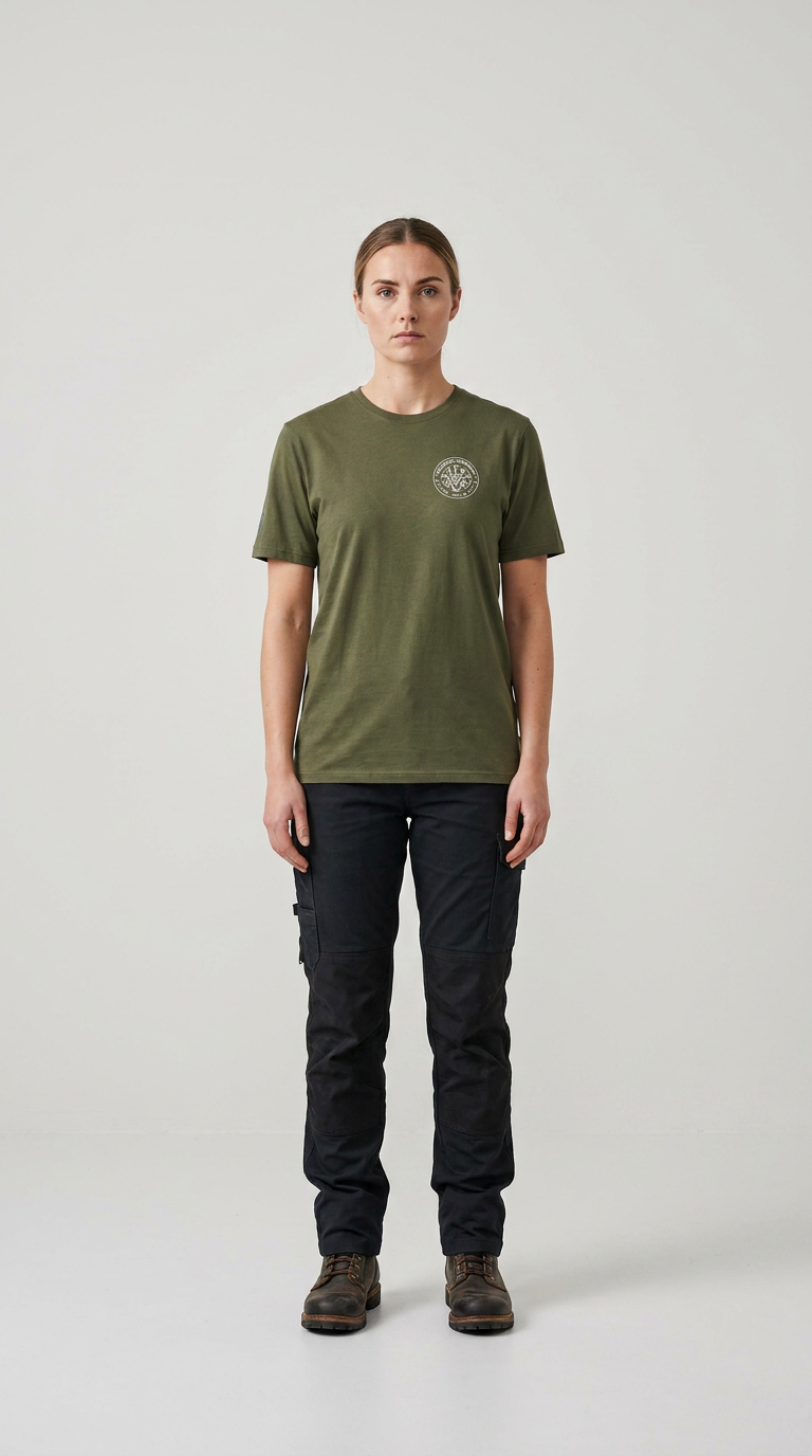 Kvinde iført olivengrøn t-shirt med logo, sorte cargobukser og brune læderstøvler på en lys baggrund.