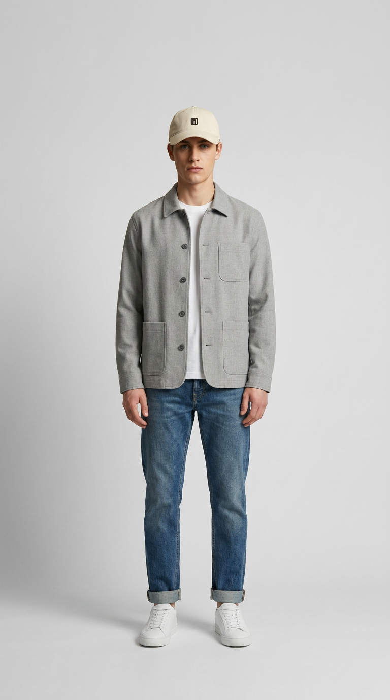 Mand i grå overshirt, hvid t-shirt, blå jeans og beige kasket mod en lys baggrund.