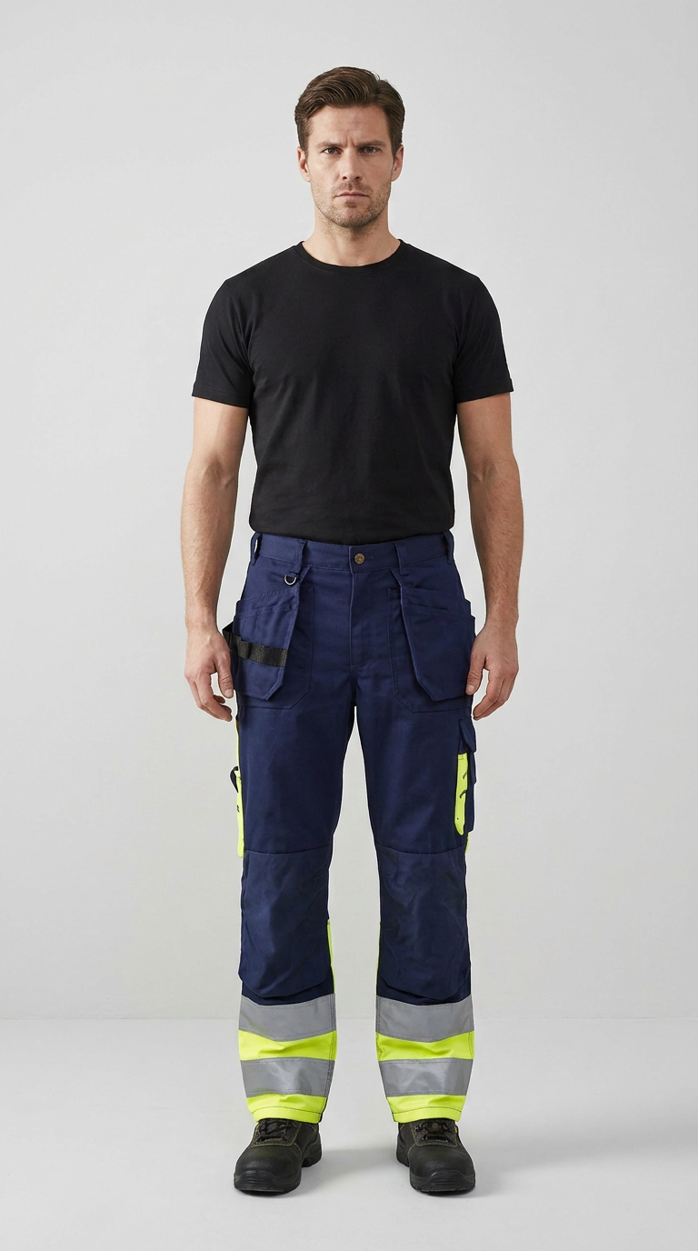 Mand i sort t-shirt og mørkeblå arbejdsbukser med neongule detaljer og refleksstriber.