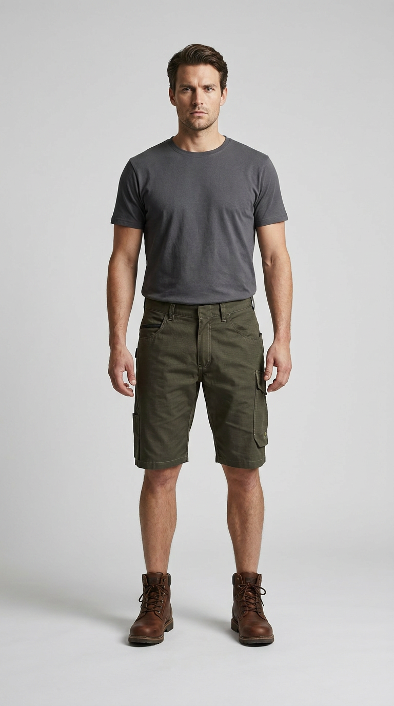 Mand i grå t-shirt, olivengrønne cargoshorts og brune læderstøvler mod en lys baggrund.