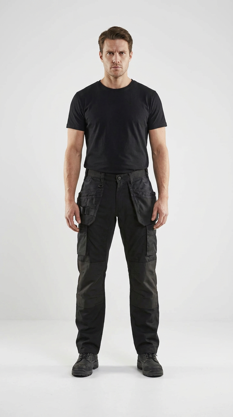Mand i sort t-shirt og sorte arbejdsbukser med praktiske lommer foran en hvid baggrund.