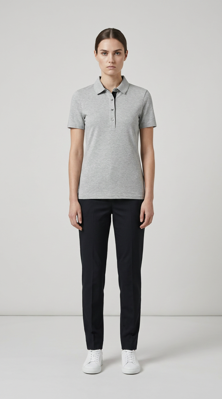 Kvinde iført grå polo-shirt, sorte bukser og hvide sneakers mod en lys, neutral baggrund.