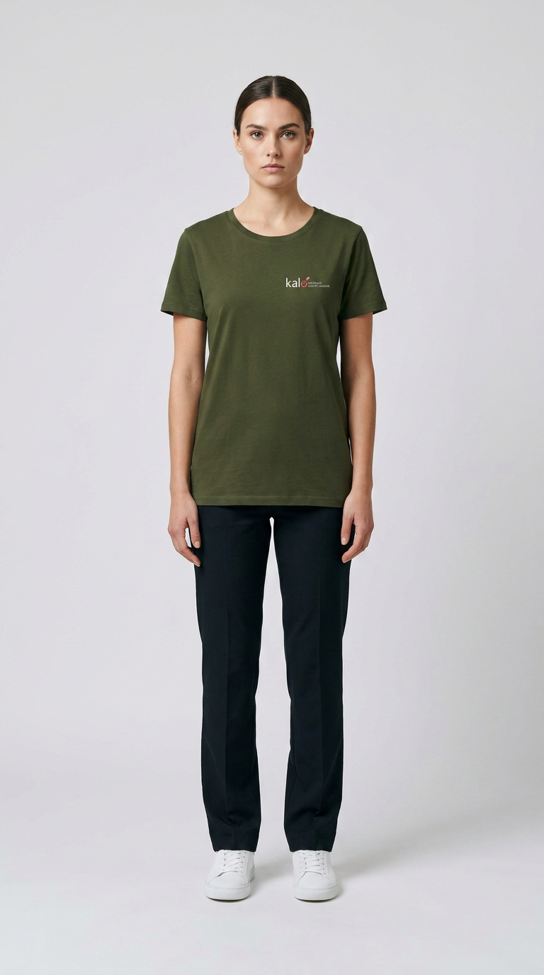 Kvinde iført olivengrøn t-shirt med logo, mørke bukser og hvide sneakers mod en lys grå baggrund.