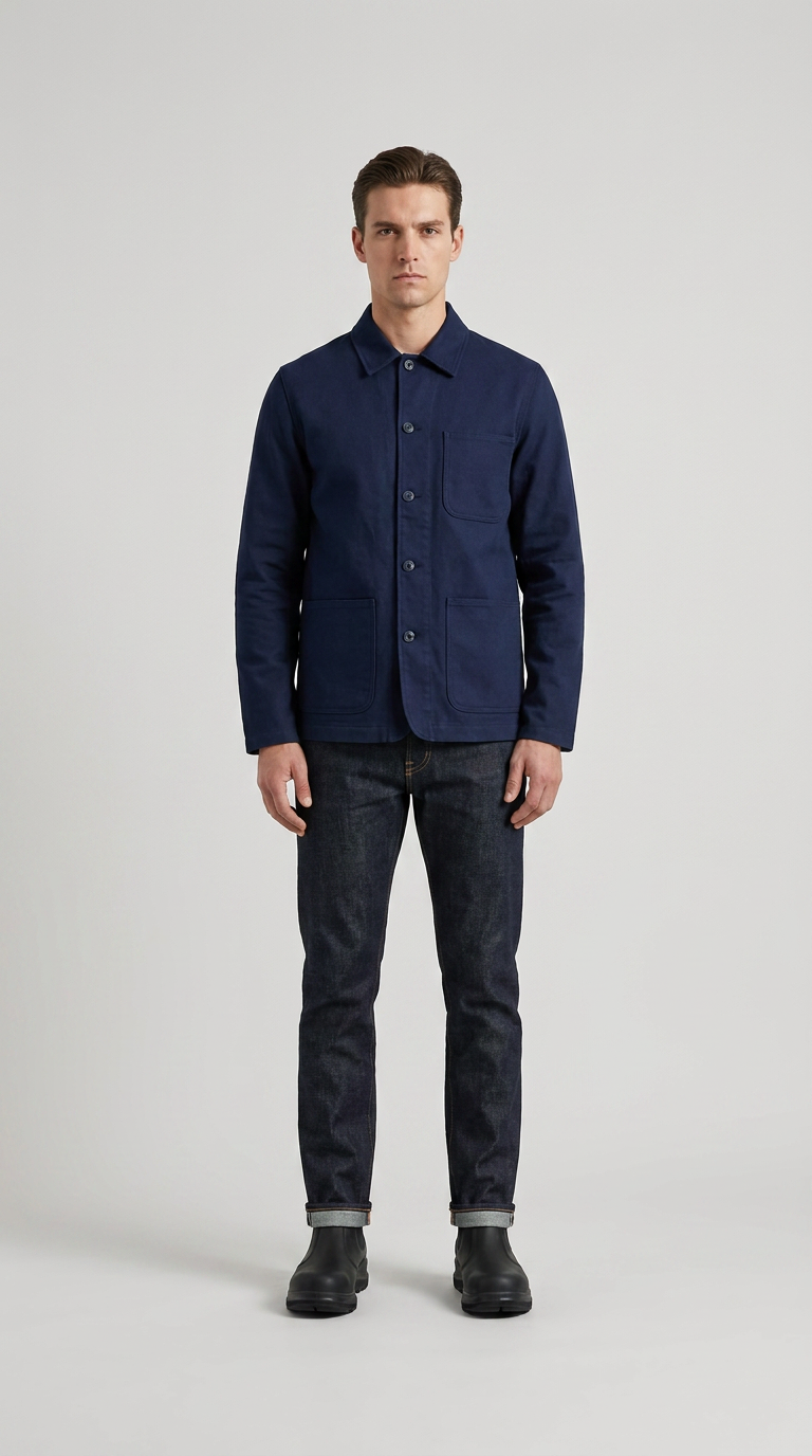 Mand iført mørkeblå chore-jakke, mørke jeans og sorte støvler mod en lys grå baggrund.