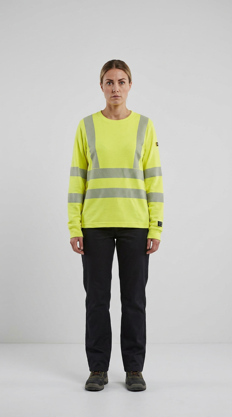Kvinde i en neongul sweatshirt med refleksstriber og sorte arbejdsbukser mod en lys baggrund.