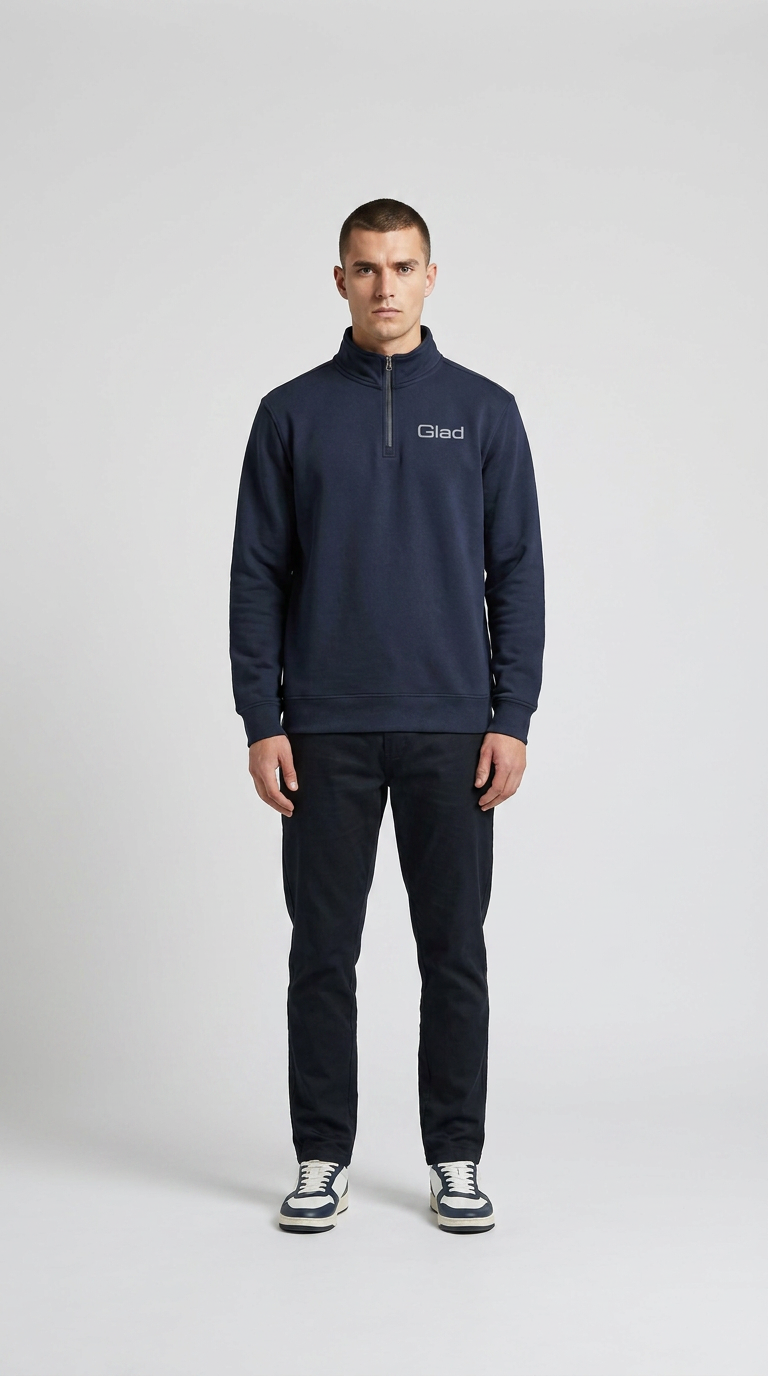 Mand i mørkeblå sweatshirt med Glad-logo, mørke bukser og sneakers på en hvid baggrund.