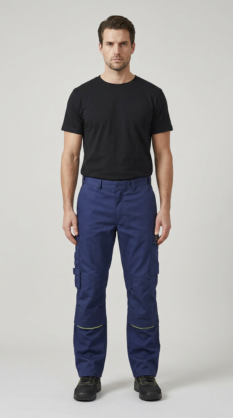 Mand iført sort t-shirt og blå arbejdsbukser med refleksstriber på en grå baggrund.
