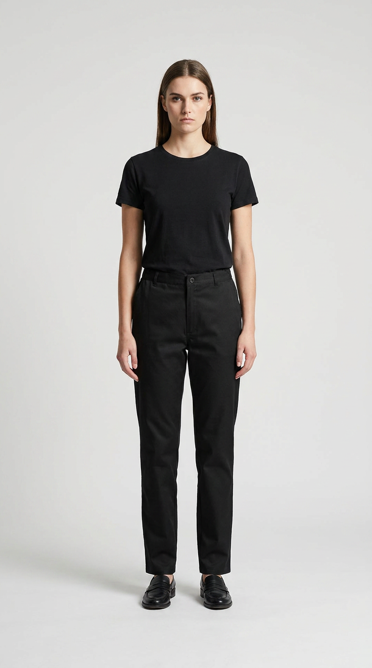Kvinde iført sort t-shirt, sorte bukser og sorte loafers mod en lys grå baggrund.
