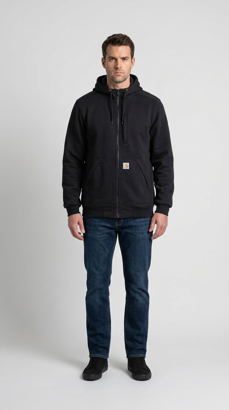 Mand i sort Carhartt hættetrøje med lynlås og blå jeans på en lys baggrund.