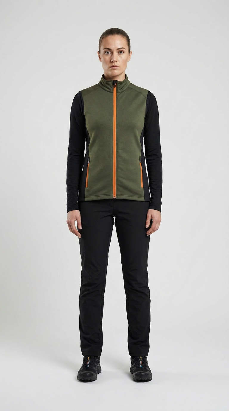 Kvinde i grøn vest med orange lynlåse og sorte outdoor-bukser på en lys baggrund.