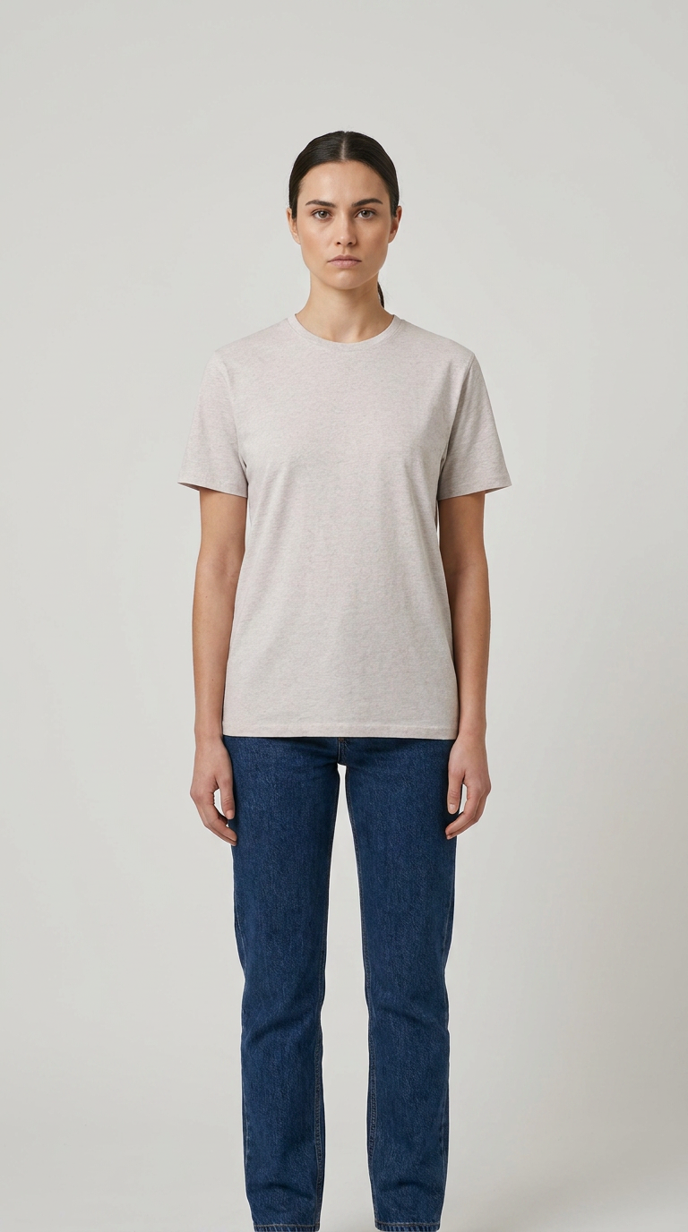 Kvinde iført en lysegrå t-shirt og mørkeblå jeans mod en lys, neutral baggrund.