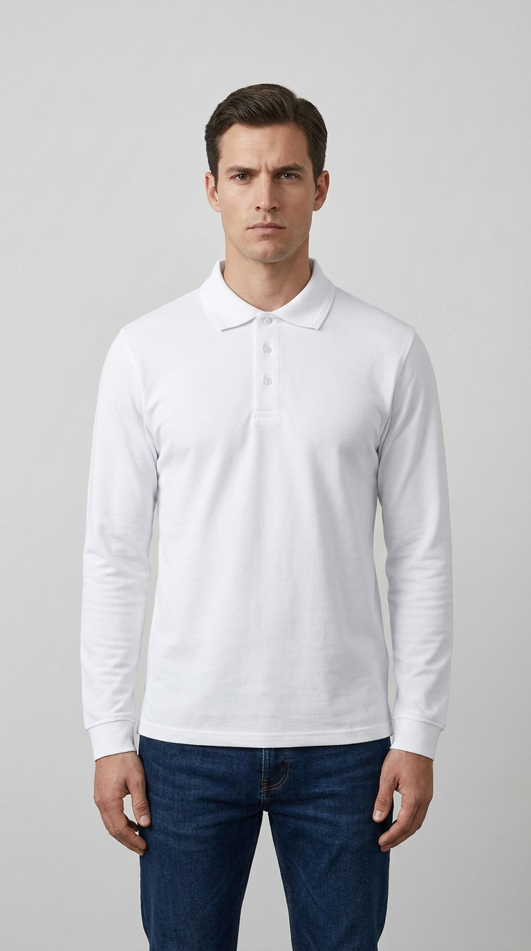 Mand i hvid langærmet polo shirt og blå jeans foran en grå baggrund.
