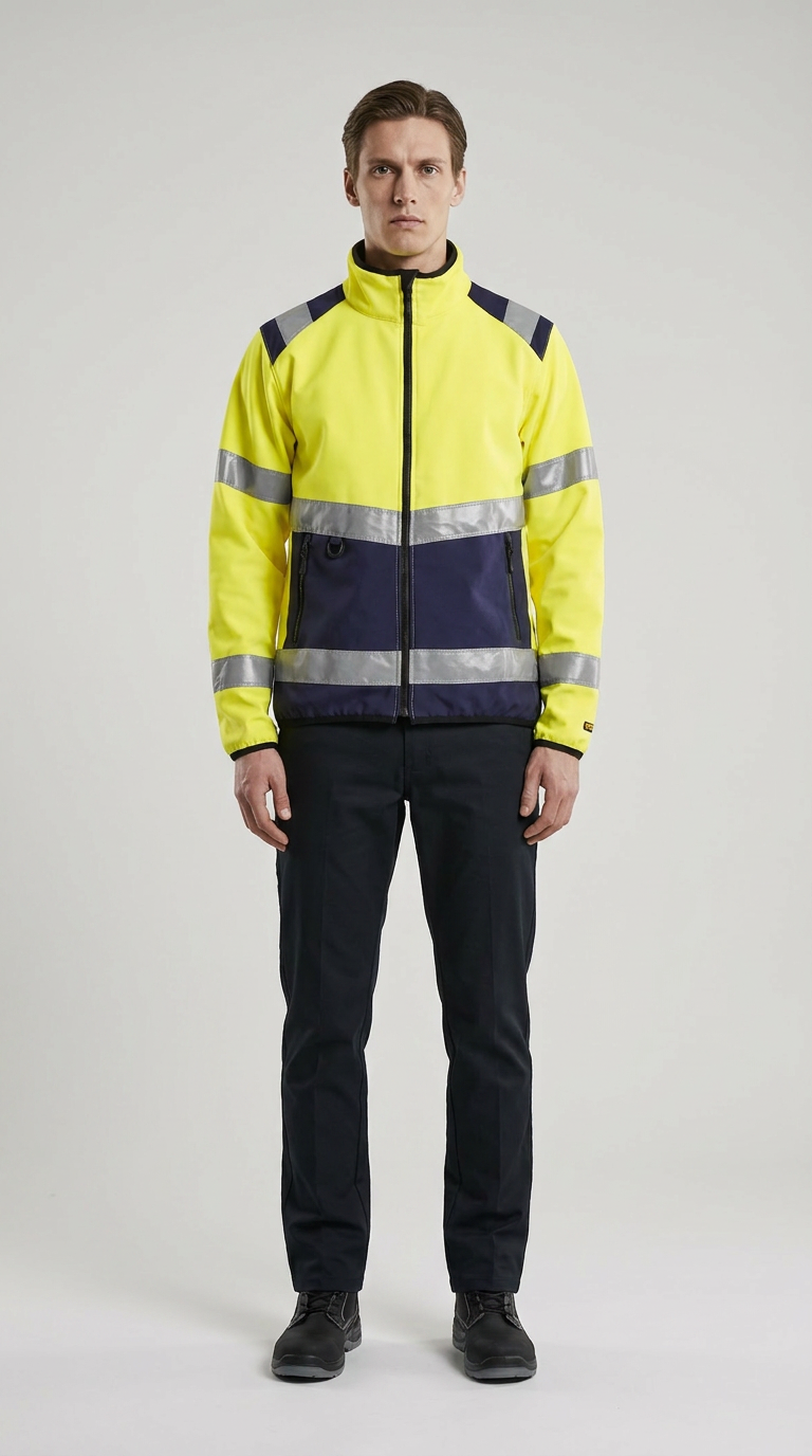Mand i gul og mørkeblå high-visibility jakke med refleksstriber og mørke arbejdsbukser.