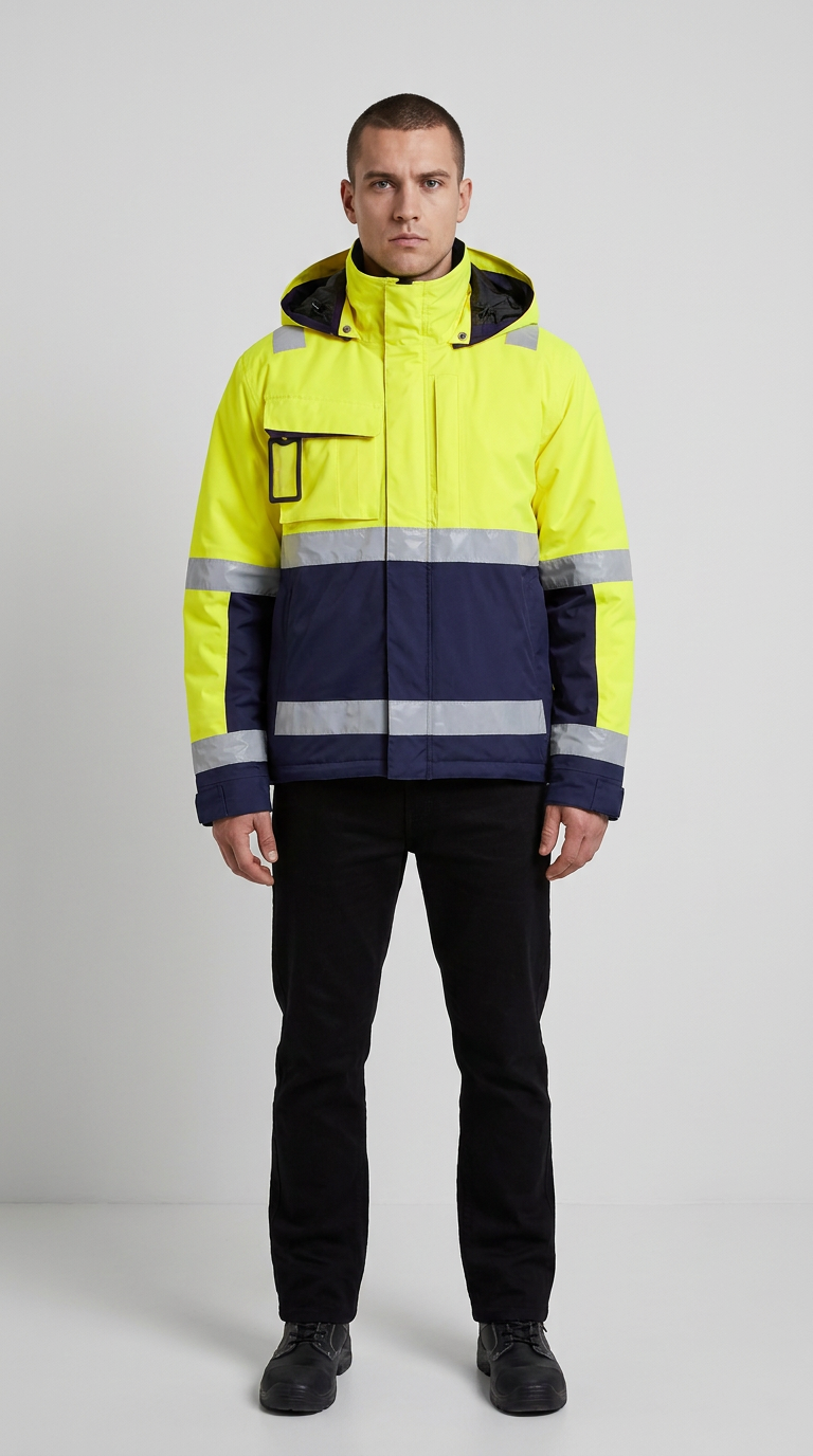 Mand iført en gul og mørkeblå high-visibility arbejdsjakke med reflekser og sorte bukser mod en hvid baggrund.