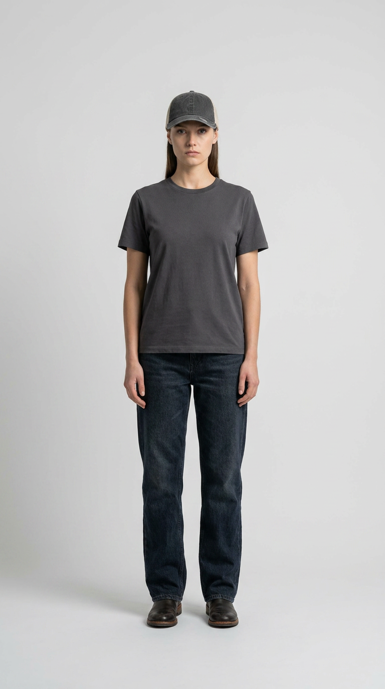 Kvinde iført mørkegrå t-shirt, mørkeblå jeans og grå kasket mod en lys baggrund.